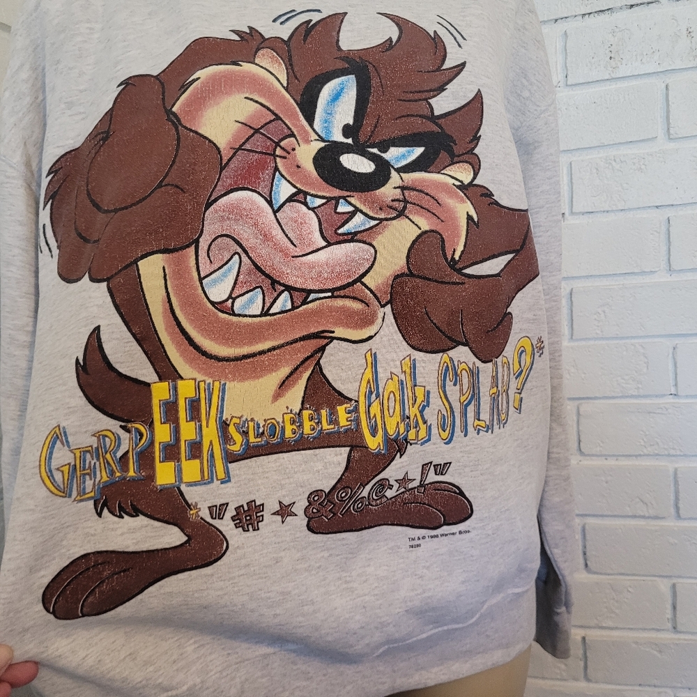 Vintage 1996 Looney Tunes Taz "Slobble" Sweatshirt - Large Grey Heather - Picture 3 of 7